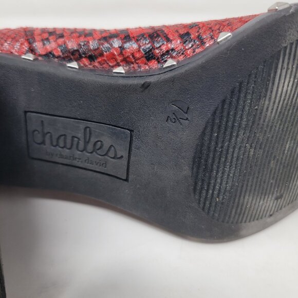 Charles By Charles David Size 7.5 Dogger Boots Studs Heels 3.5” Red Snake Print - Picture 11 of 11